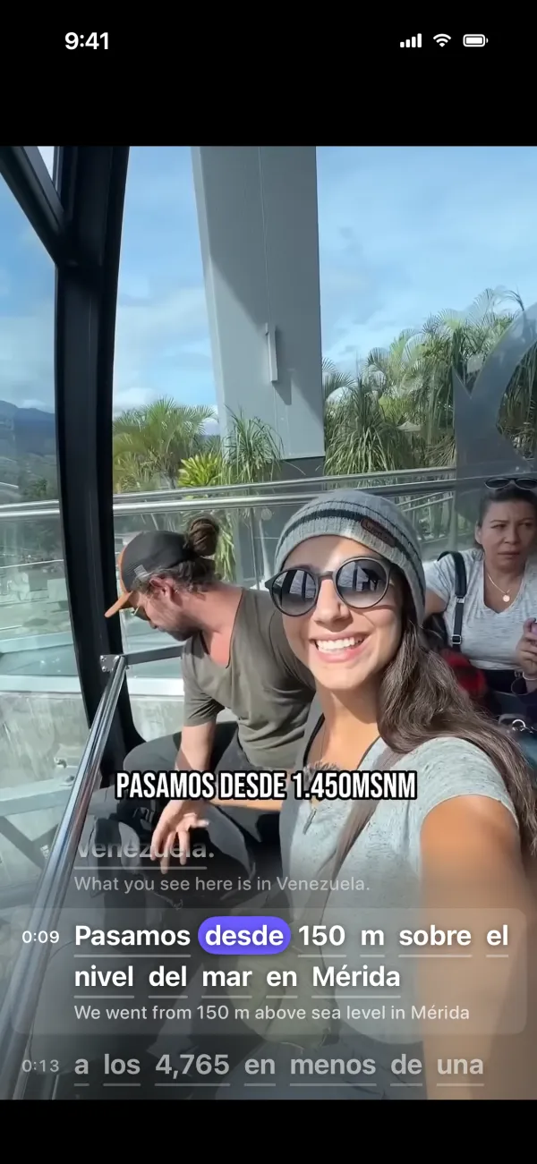 A Short in full screen: a ride up the world's highest cable car in Venezuela, its Spanish subtitles lighting up word by word with English under each line
