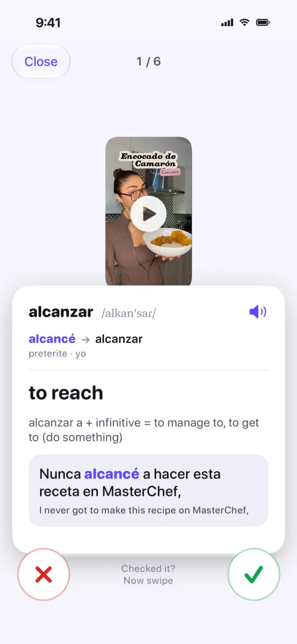 Review: alcanzar, with the sentence it came from and the moment of video