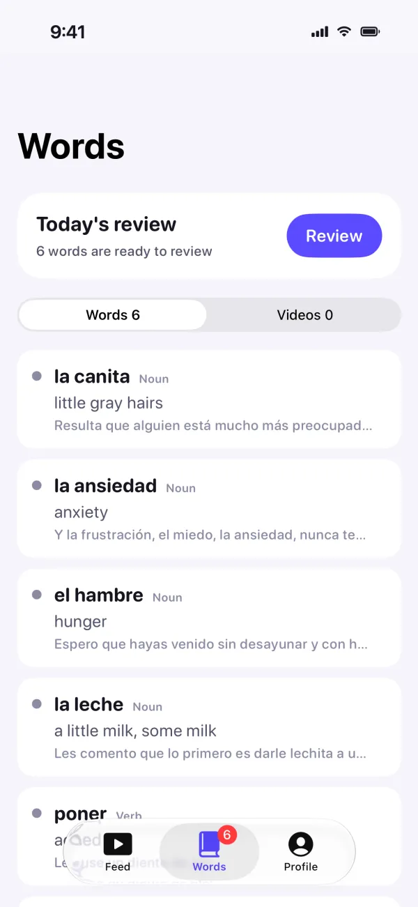 Words: today's review and six saved words, nouns with their articles